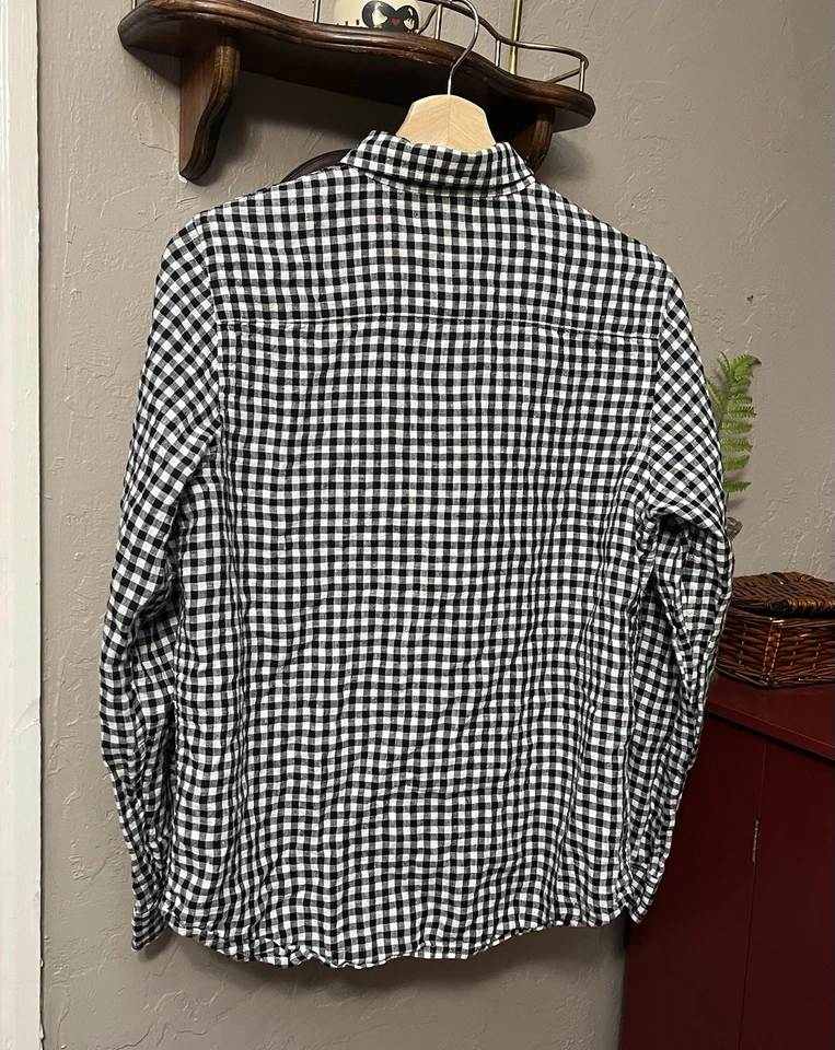 Ralph Lauren LRL Linen Button Up Shirt Women's Petite Medium Gingham Black White - Image 2 of 4
