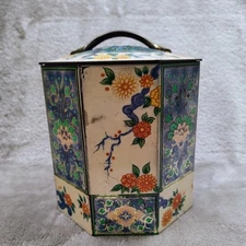 BW & M Ltd Mansfield Octagon Asian Tin Container Lid Tea Confections Trinket VTG