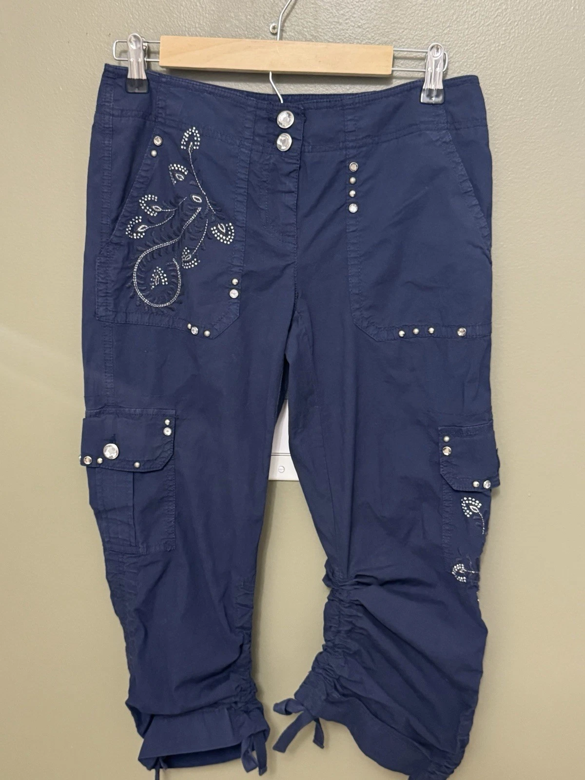 Blue Capri Cargo Pants Embellishments Y2K Style Size 4 Woman Drawstring Bottom