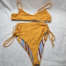 Venus Yellow Blue Bikini Modern Reversible High-Waisted Swimsuit Set Size M-L