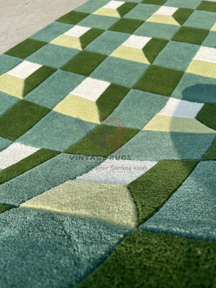 Alfombra de lana acolchada a mano 8x10 - Alfombra de área bloque geométrico moderna verde helecho, hecha a mano Foto 3 de 4