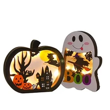 Halloween Wooden Lighted Pumpkin for Tabletop, 2pcs Light Up Pumpkin Ghost 