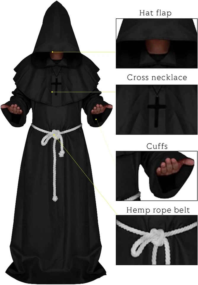 Medieval Monk Robe Priest Robe Halloween Cosplay Costume Cloak - Image 4 of 4