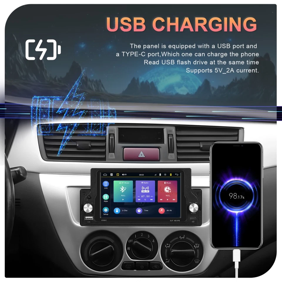 Single 1Din Car Stereo Radio For Apple/Android CarPlay 5" Touch MP5 Bluetooth FM - Image 3 of 4