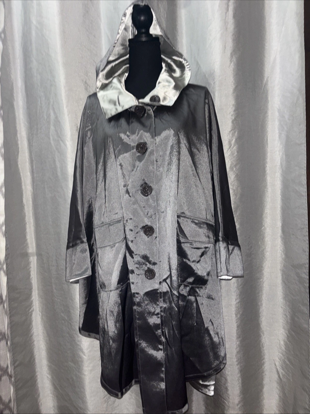 OOPERA Womens Cyber Core Gray Metallic Oversized Hooded Reversible Poncho SZ L
