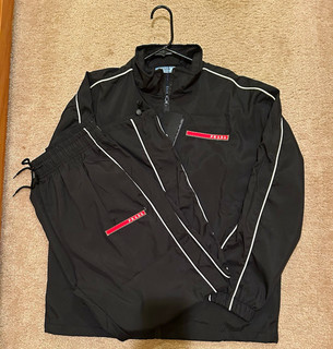 PRADA Men's 2 Pc Tracksuit Set L Black Nylon Full Zip Pockets Drawstring