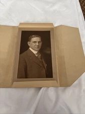 Vtg 1800s Cabinet Card Photo/Envelope Of A Man, 5x7” Harman Studio,Bay City, MI