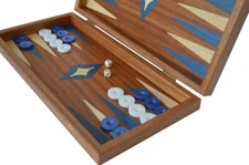Traditional Mahogany wood 15" Handmade Backgammon Set - Blue White Checkers