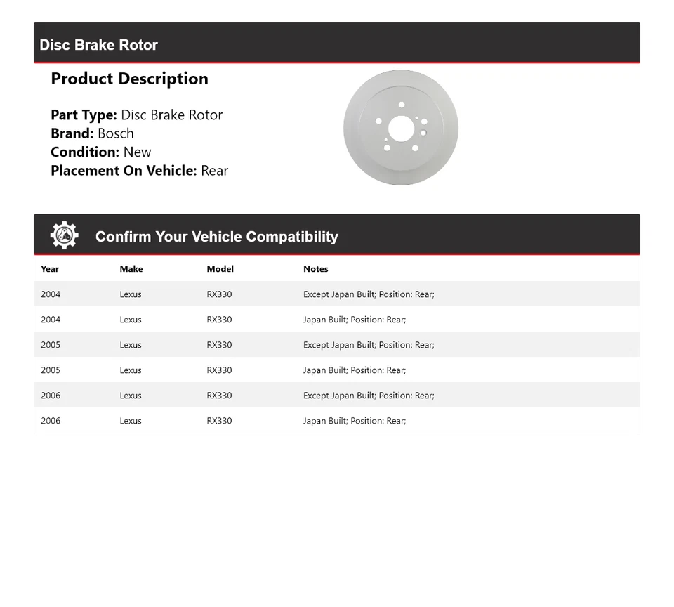 Rotor de freno de disco trasero 2005 para Lexus RX330 2004-2006 Bosch QuietCast Foto 2 de 4
