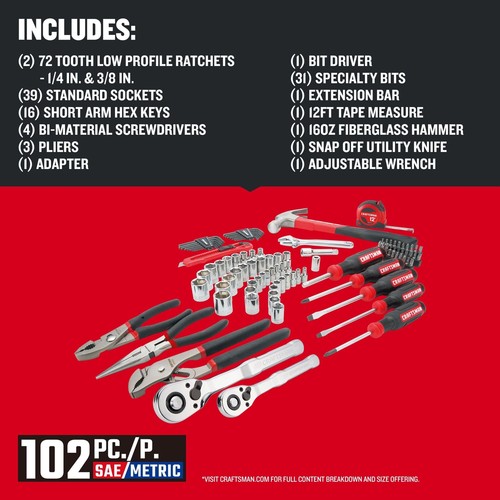 Craftsman 102-teiliges Werkzeugset für Haus und Auto, robustes Handwerkzeug-Set mit SAE - Bild 3 von 5