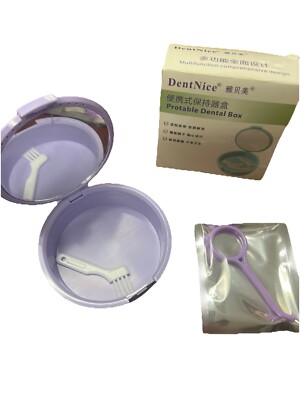 Portable Dentures Case Mirror And Brush And Tool Purple 