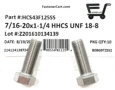 10-Piece 7/16-20x1 Stainless Steel Hex Bolts - UNF Fine Thread Cap Screws