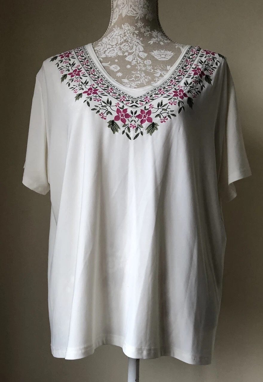 Vintage Riddella Cream Floral T-Shirt UK 20-22 V Neck