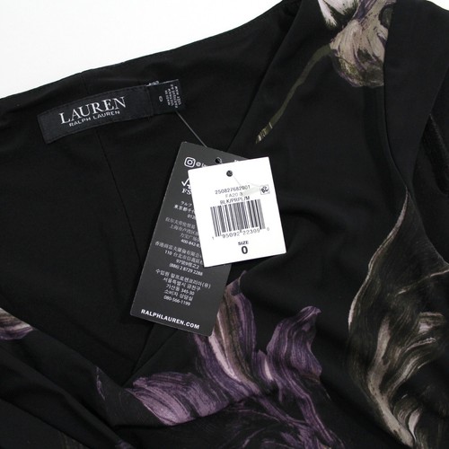 Ralph Lauren Vestido Floral Mujer Elástico Talla 0 Lado Acanalado Cuello en V Negro Púrpura - Imagen 9 de 11