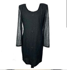 EUC Vintage Beaded Drama Black Beaded Long Sleeve Dress with zip up back closure