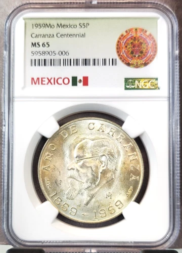 1959 MEXICO SILVER 5 PESOS S5P CARRANZA CENTENNIAL NGC MS 65 BEAUTIFUL GEM COIN