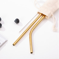 3pc Premium Stainless Steel Metal Gold Reusable Straw Brush & Eco Travel Bag Set