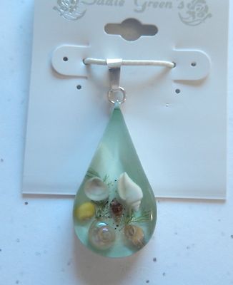 Fashion Pendant- Sea Shells- tear drop-green- background-6 small shells ...