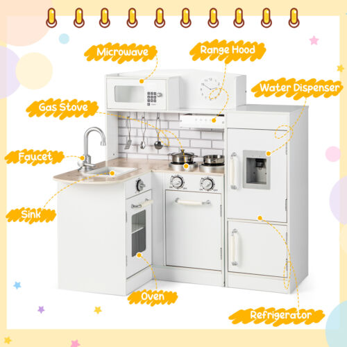 Kids Corner Kitchen Playset Wooden Pretend Cooking Play Toys W/Microwave&Fridge - Picture 2 of 9
