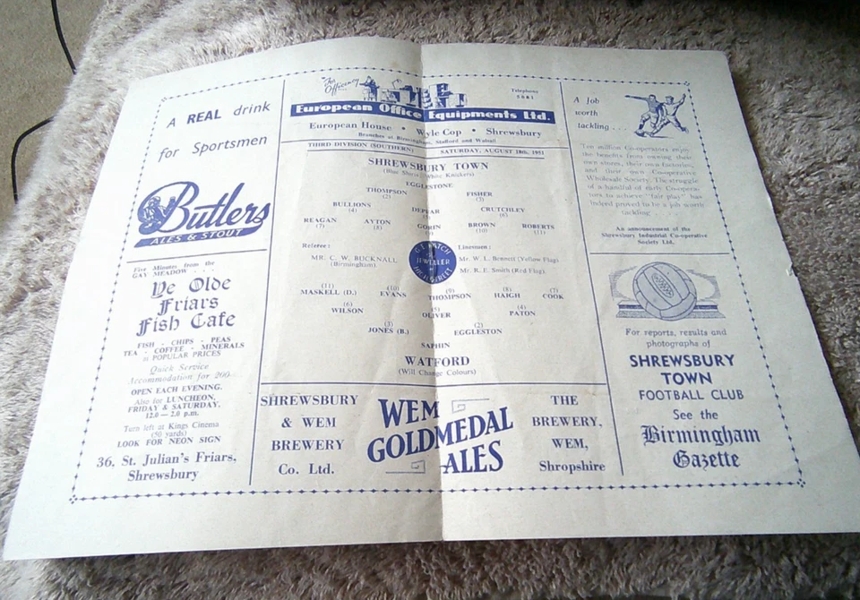 SHREWSBURY TOWN v WATFORD 18th Aug 1951 - First Of The season - Image 2 of 3