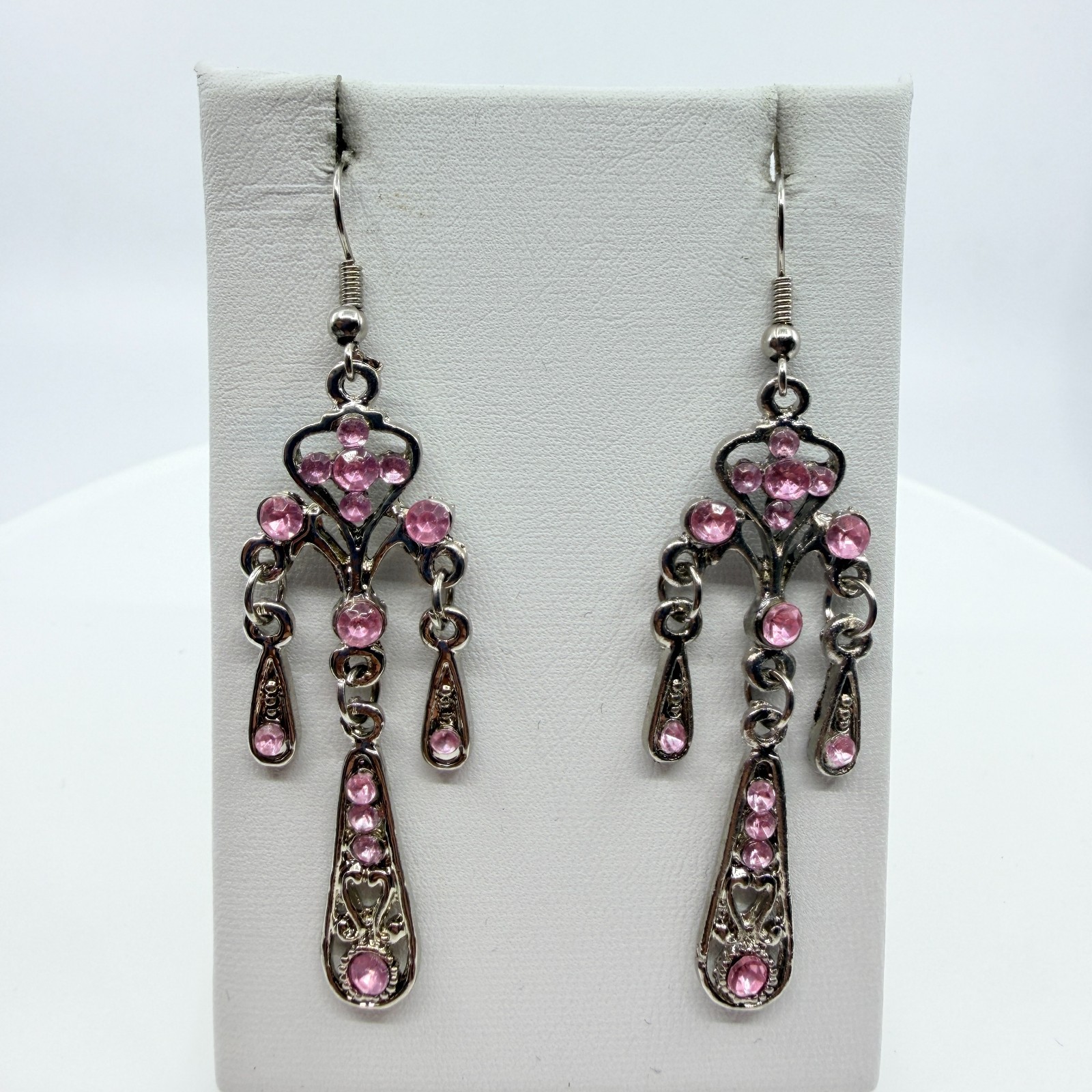 VTG Pink Rhinestone Chandelier Dangle Earrings Silver Tone Goth Fairycore Retro