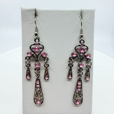 VTG Pink Rhinestone Chandelier Dangle Earrings Silver Tone Goth Fairycore Retro