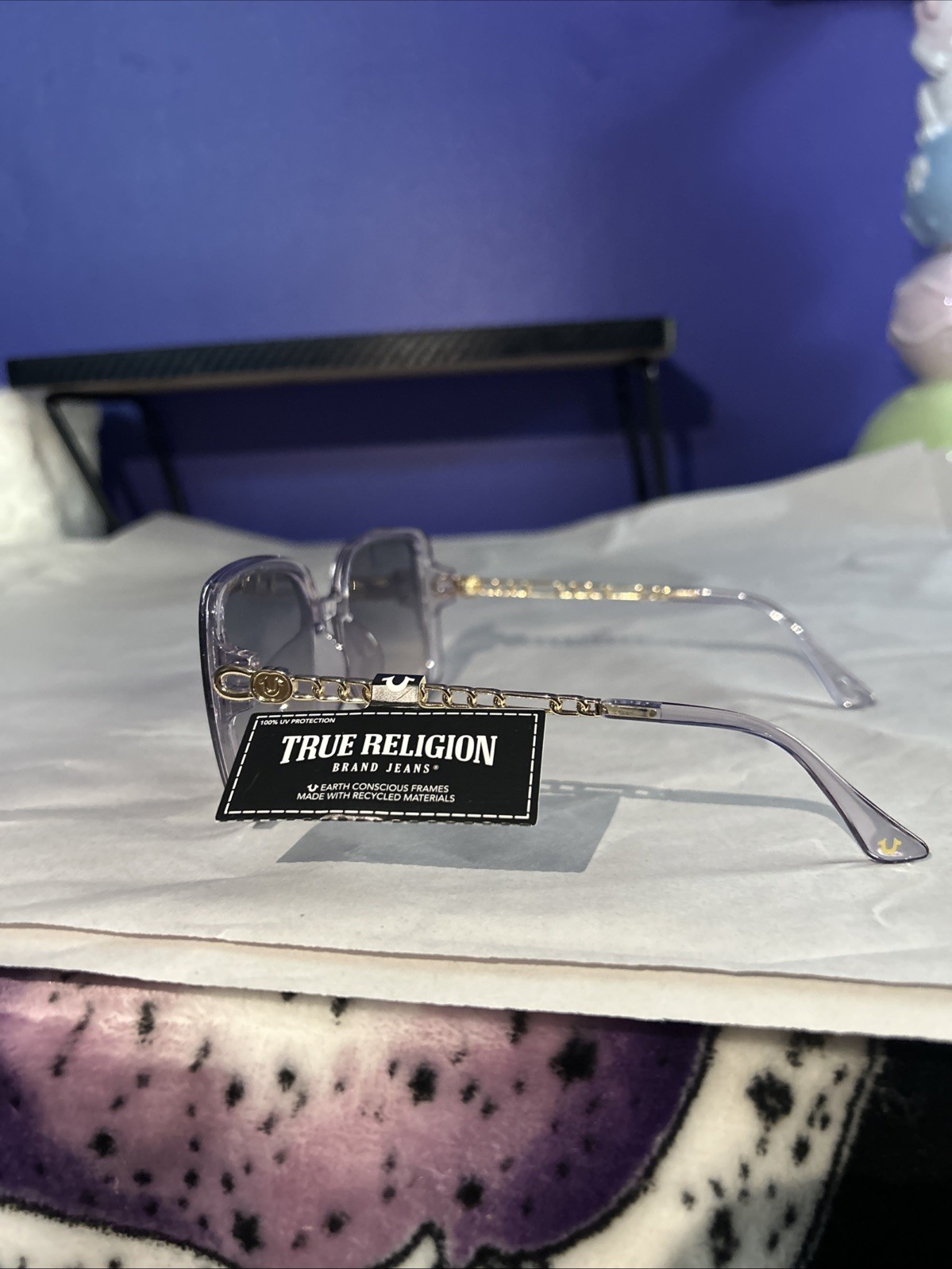 True Religion Pink Clear Frame Women’s Sunglasses With Gold Sided 100% Recycled thumbnail 6