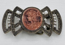 Vintage Cameo Scarf Clip Buckle Barrette Brass Tone Rhinestone Victorian Lady