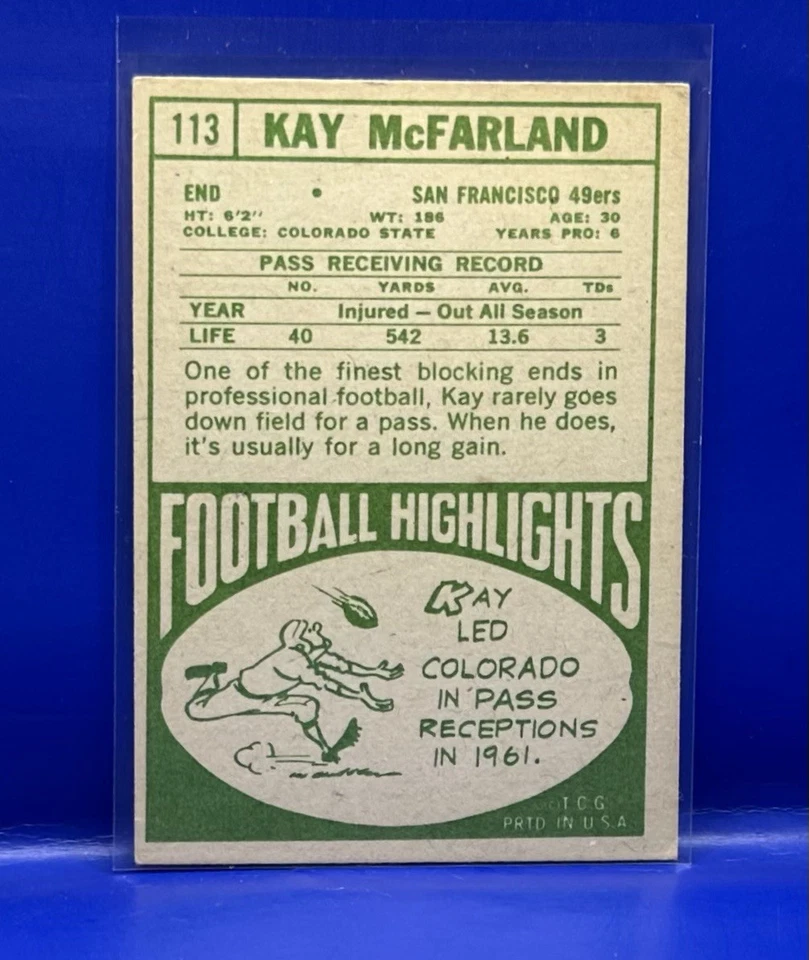1968 TOPPS SET BREAK Kay McFarland #113 San Francisco 49ers EX - Image 2 of 2