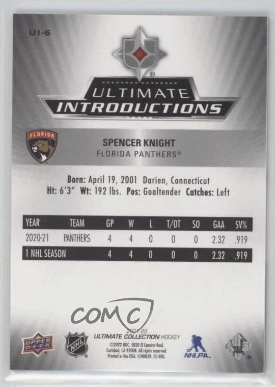 2021 Ultimate Collection Introductions Black /25 Spencer Knight #UI-6 Rookie RC - Image 2 of 2
