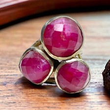 Vintage Sterling Silver 925 Checker Cut Natural Ruby Bezel Set Cocktail Ring
