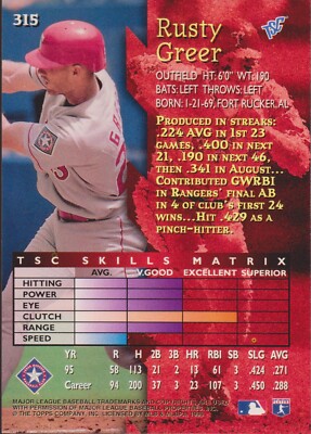 1996 Topps Stadium Club Gold Foil Rusty Greer #315 Texas