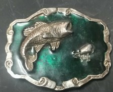 VINTAGE 1970'S   LARGE MOUTH BASS  FISHING PEWTER GREEN BUCKLE