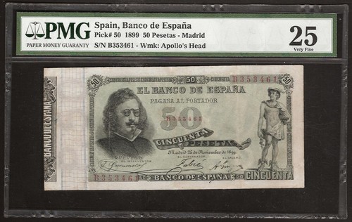 SPAIN 50 PESETAS 1899 P:50 VF (25 PMG) El Banco de Espana VERY RARE