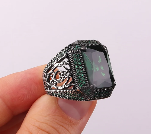 Handmade 925 Sterling Silver Green cubik zircone stone Jewelry Mens Ring - Picture 2 of 4