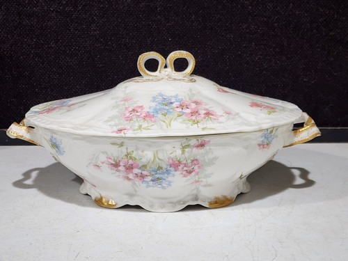 Antique Theodore Haviland Limoges COVERED VEGETABLE Schleiger Blue Pink Flowers - 第 1/11 張圖片