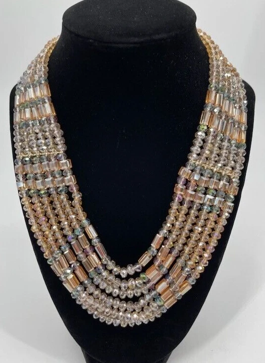 Vintage Womens Gold Tone Multi Strand Amber Gray Glass Bead Collar Necklace - Image 3 of 4