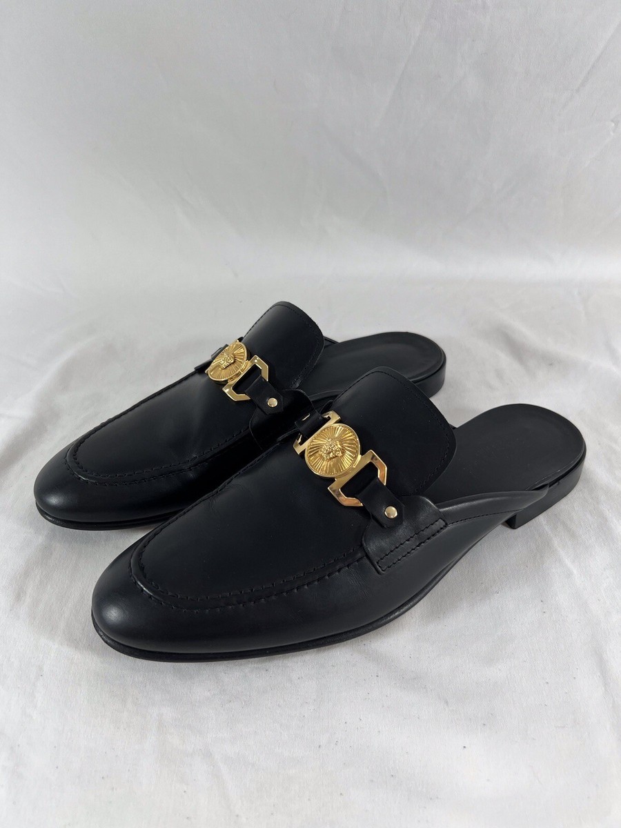 VERSACE Black Leather Medusa Men Half Loafers Made in Italy 