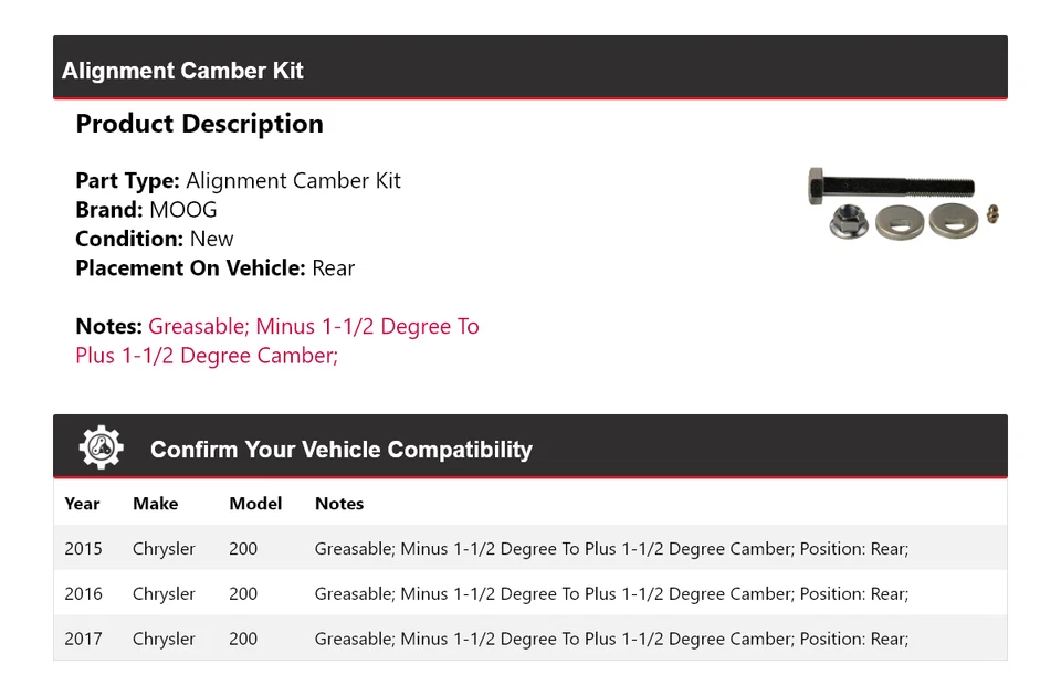 For 2015-2017 Chrysler 200 Alignment Camber Kit Rear MOOG 2015 2016 2017 - Image 2 of 4
