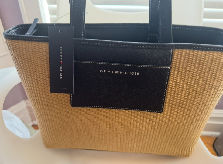 Tommy Hilfiger beige raffia and navy leather tote bag for women NWT