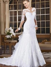 Mermaid Wedding Dress Sheer Neck Illusion Long Sleeve Lace Appliques Bridal Gown