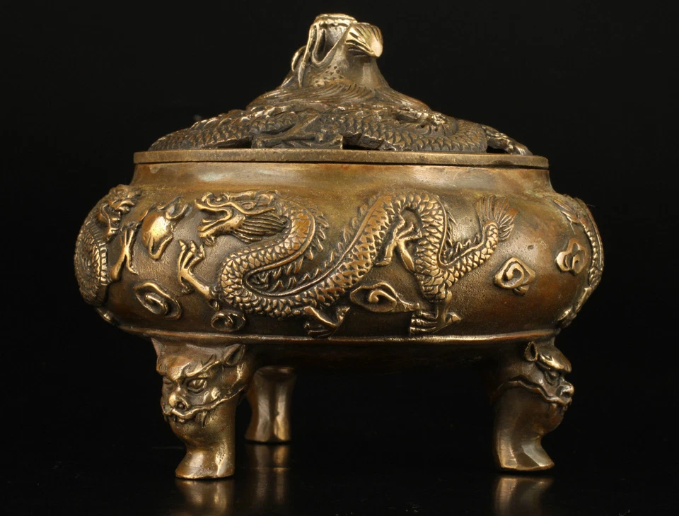 Quemador de incienso incensario dragón latón exquisito hecho a mano antiguo Foto 2 de 4