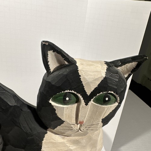 James Haddon Folk Art Cat Carved Wood Black White Green Eyes Signed Large 15 in. - Picture 8 of 21