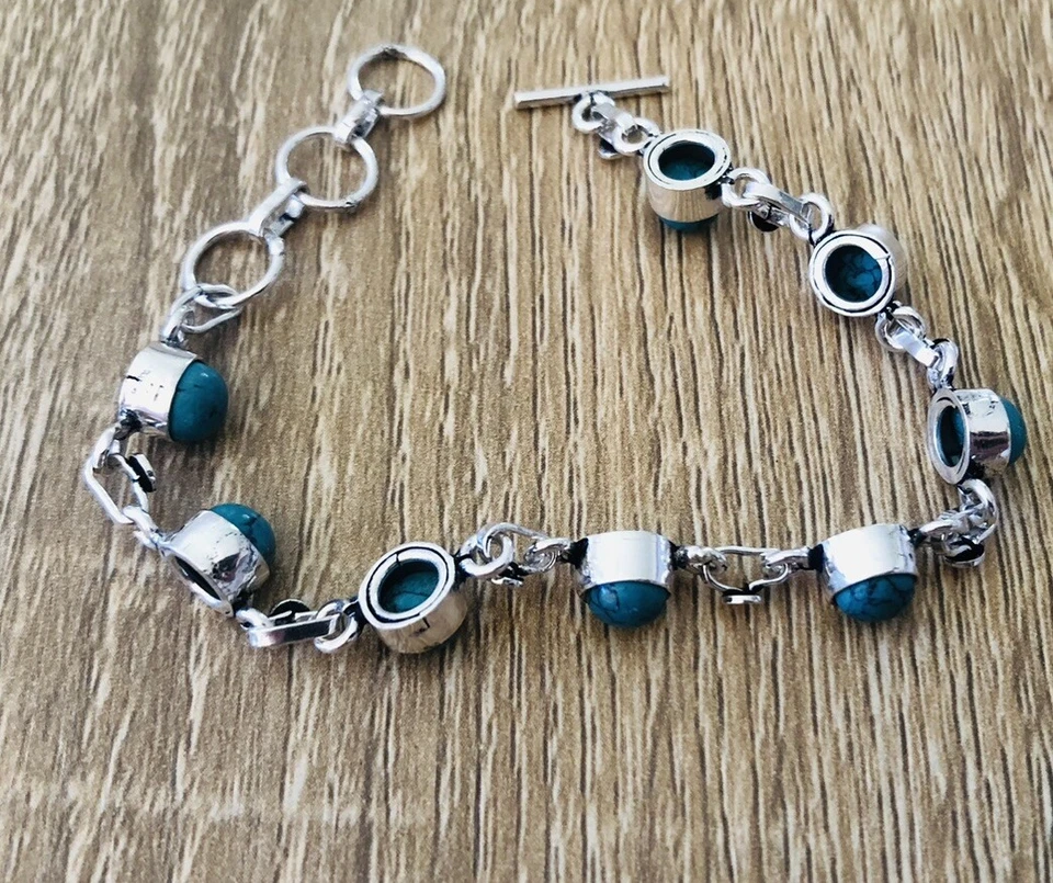 Pulsera de piedras preciosas de jaspe de mosaico de 19 cm de largo - enchapada en plata de ley 925 - nueva Foto 3 de 3
