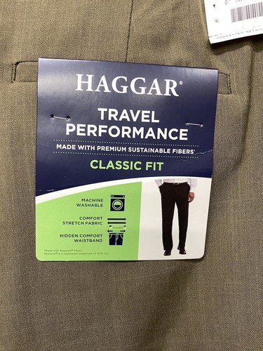 Pantalones de vestir Haggar Travel Performance calce clásico 251 caqui talla 40x30 nuevos con etiquetas - Imagen 3 de 4