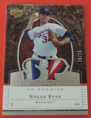 2007 UD PREMIER NOLAN RYAN DUAL GAME USED 3 COLOR PATCHES #ED 28/75 SP RARE L@@K