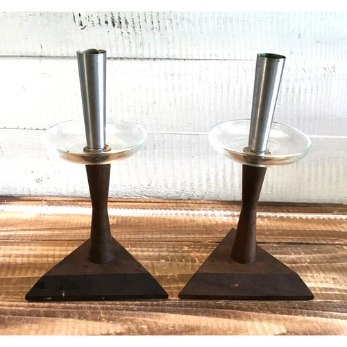 VTG Mid Century Modern MCM Walnut Wood Base Metal & Glass Candle Holders 8.25"