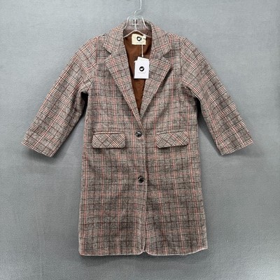 Caviare Coat Girls 12 Brown Plaid Long Sleeve Notch Lapel Elbow Patch Lined NWT