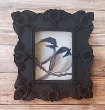 Black-Capped Chickadees mini print of watercolor painting in black ornate frame