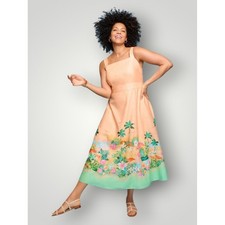 Talbots Petite Square Neck Maxi Dress 14P Peach Tropical Border Print Linen Cott